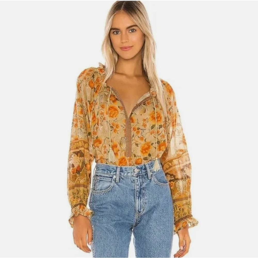 Spell Bohemian Floral Blouse in Orange and Tan